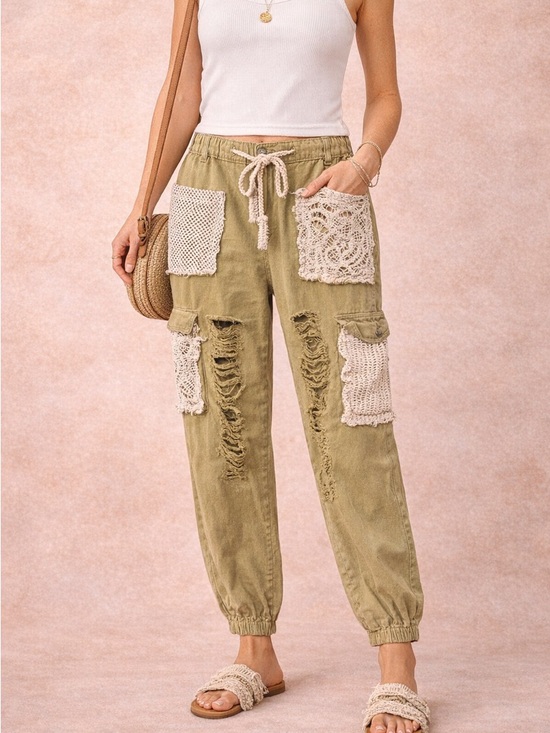 POL Denim - POL Boutique Boho Patchwork Jogger Jeans SZ M High Waisted Distressed Baggy Fit
